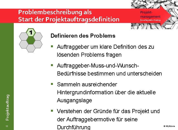 Problembeschreibung als Start der Projektauftragsdefinition 1 Definieren des Problems § Auftraggeber um klare Definition