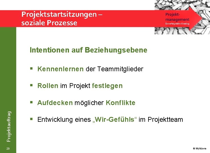 Projektstartsitzungen – soziale Prozesse Intentionen auf Beziehungsebene § Kennenlernen der Teammitglieder § Rollen im