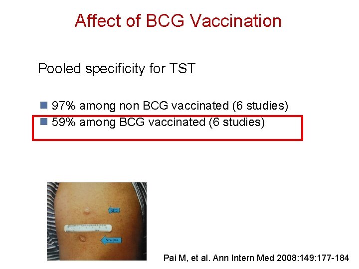 Affect of BCG Vaccination Pooled specificity for TST 97% among non BCG vaccinated (6