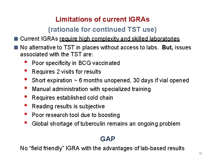 Limitations of current IGRAs (rationale for continued TST use) ■ Current IGRAs require high