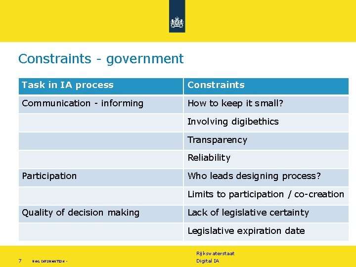 Constraints - government Task in IA process Constraints Communication - informing How to keep