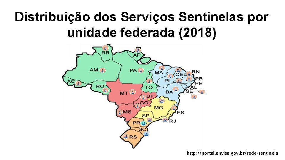 Distribuição dos Serviços Sentinelas por unidade federada (2018) 0 0 2 2 4 12