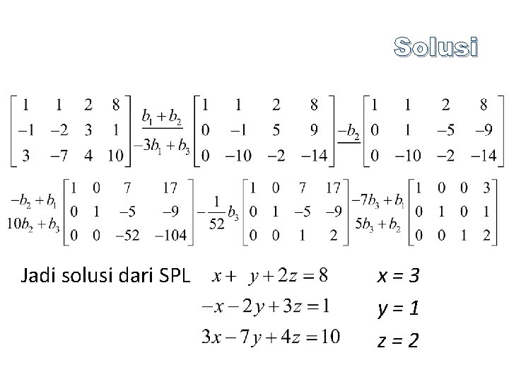 Solusi Jadi solusi dari SPL x=3 y=1 z=2 