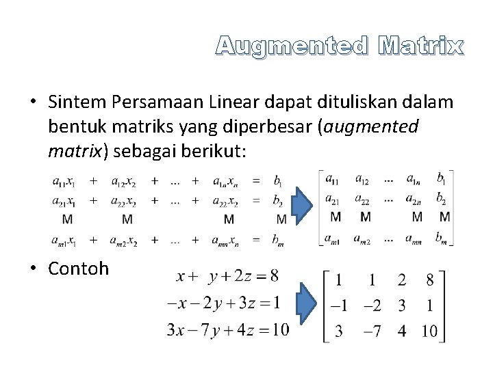 Augmented Matrix • Sintem Persamaan Linear dapat dituliskan dalam bentuk matriks yang diperbesar (augmented