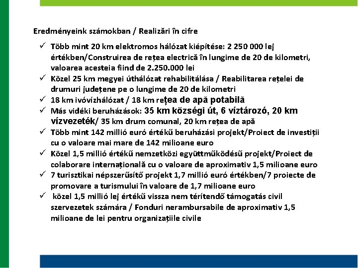 Eredményeink számokban / Realizări în cifre ü Több mint 20 km elektromos hálózat kiépítése: Eredményeink számokban / Realizări în cifre ü Több mint 20 km elektromos hálózat kiépítése: