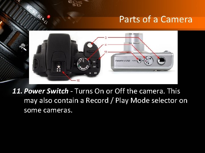 Parts of a Camera 11. Power Switch - Turns On or Off the camera.