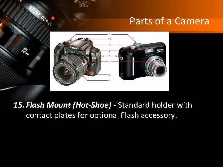 Parts of a Camera 15. Flash Mount (Hot-Shoe) - Standard holder with contact plates
