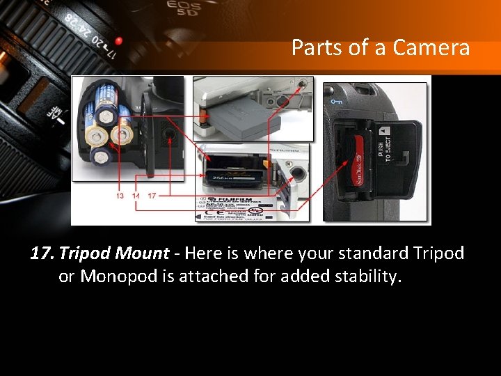 Parts of a Camera 17. Tripod Mount - Here is where your standard Tripod