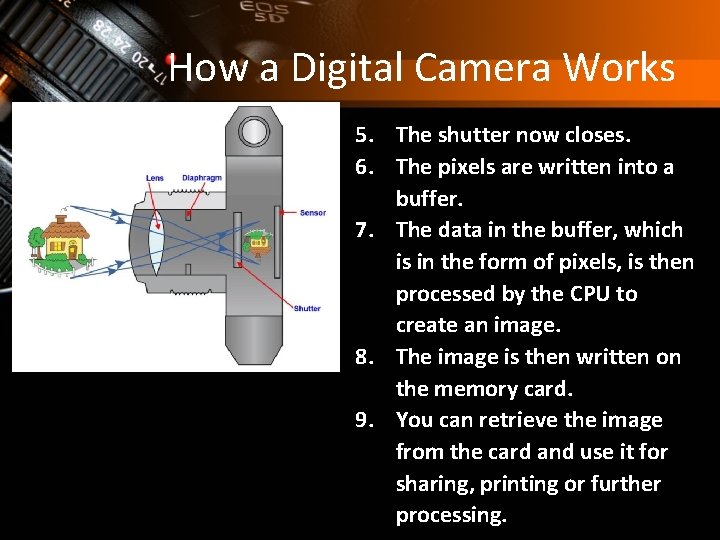How a Digital Camera Works 5. The shutter now closes. 6. The pixels are