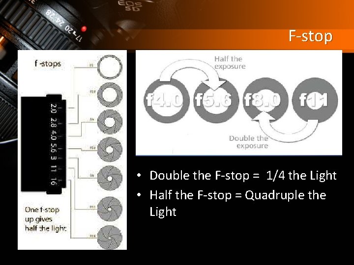 F-stop • Double the F-stop = 1/4 the Light • Half the F-stop =