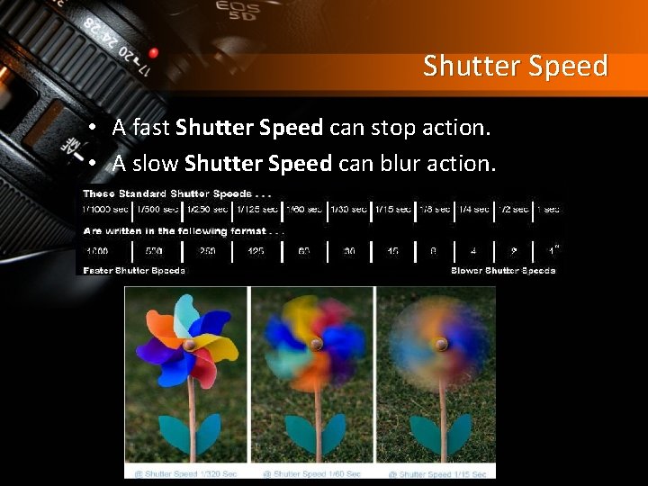 Shutter Speed • A fast Shutter Speed can stop action. • A slow Shutter