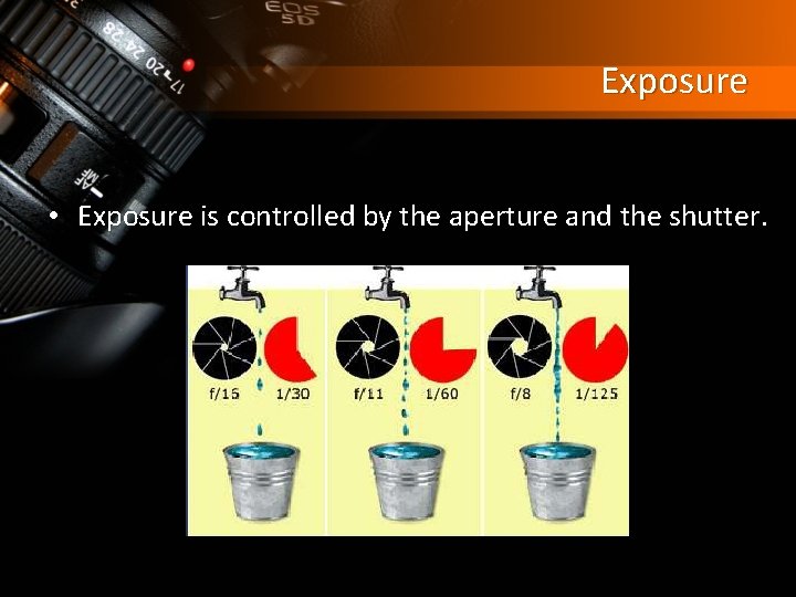 Exposure • Exposure is controlled by the aperture and the shutter. 