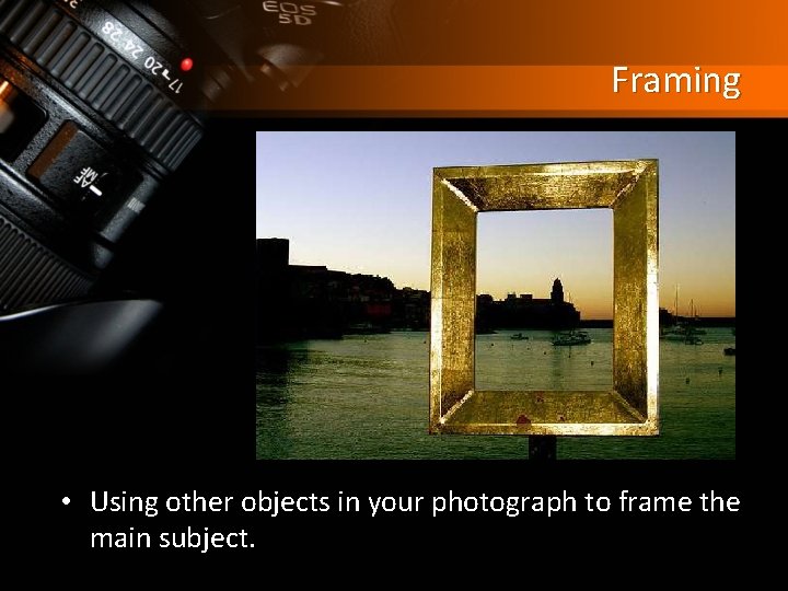 Framing • Using other objects in your photograph to frame the main subject. 