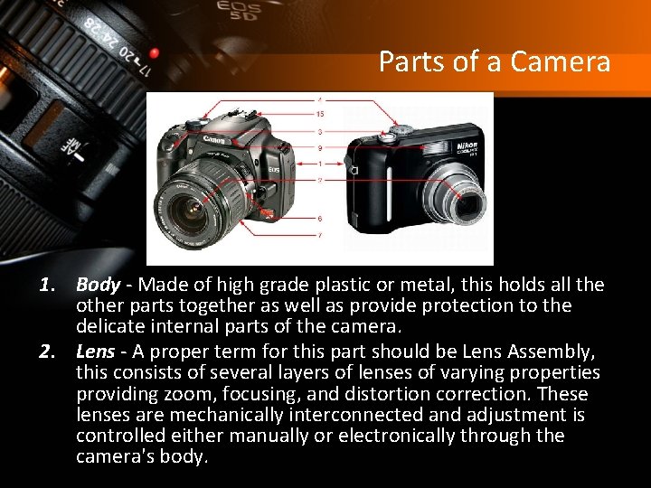 Parts of a Camera 1. Body - Made of high grade plastic or metal,