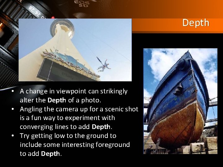 Depth • A change in viewpoint can strikingly alter the Depth of a photo.