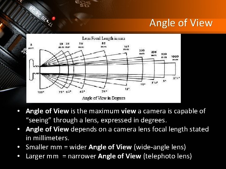 Angle of View • Angle of View is the maximum view a camera is