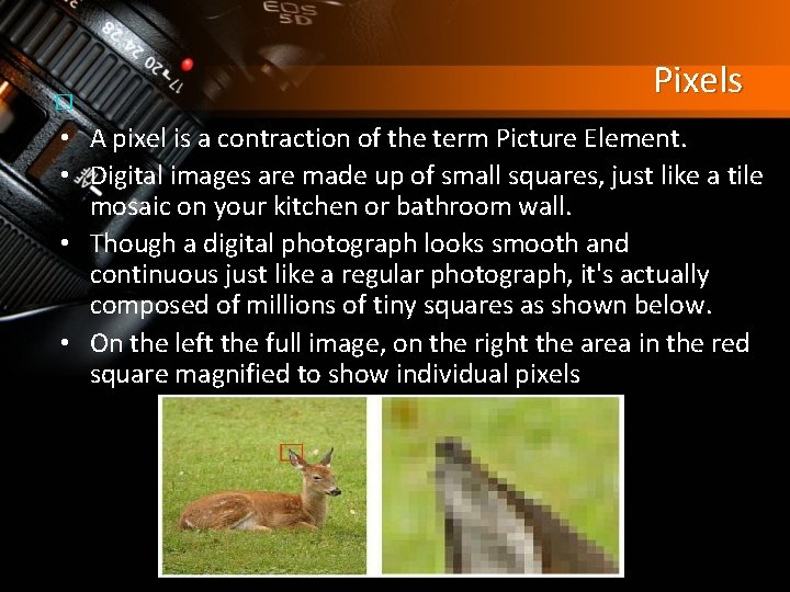 � Pixels • A pixel is a contraction of the term Picture Element. •