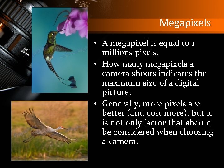 Megapixels • A megapixel is equal to 1 millions pixels. • How many megapixels