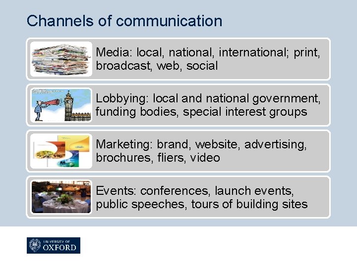 Channels of communication Media: local, national, international; print, broadcast, web, social Lobbying: local and