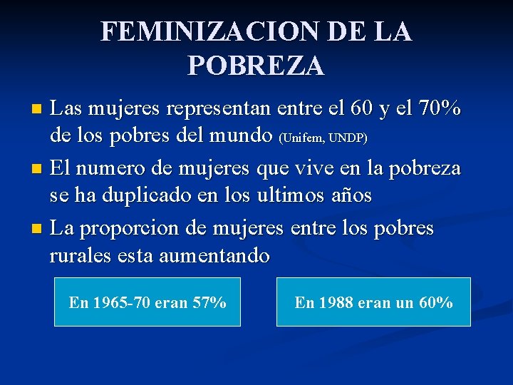 FEMINIZACION DE LA POBREZA Las mujeres representan entre el 60 y el 70% de