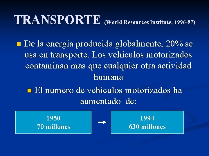 TRANSPORTE (World Resources Institute, 1996 -97) n De la energia producida globalmente, 20% se