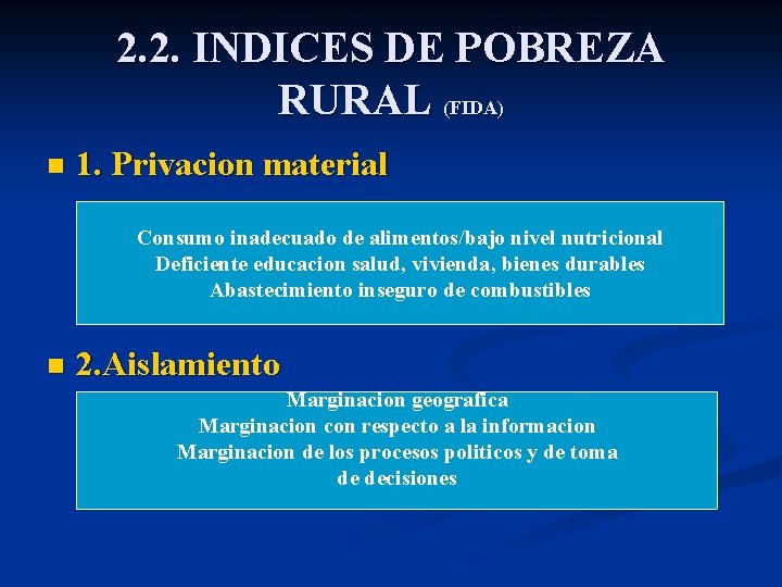 2. 2. INDICES DE POBREZA RURAL (FIDA) n 1. Privacion material Consumo inadecuado de