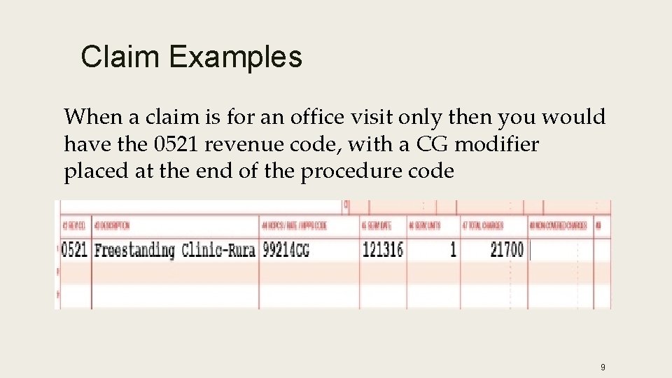Claim Examples When a claim is for an office visit only then you would
