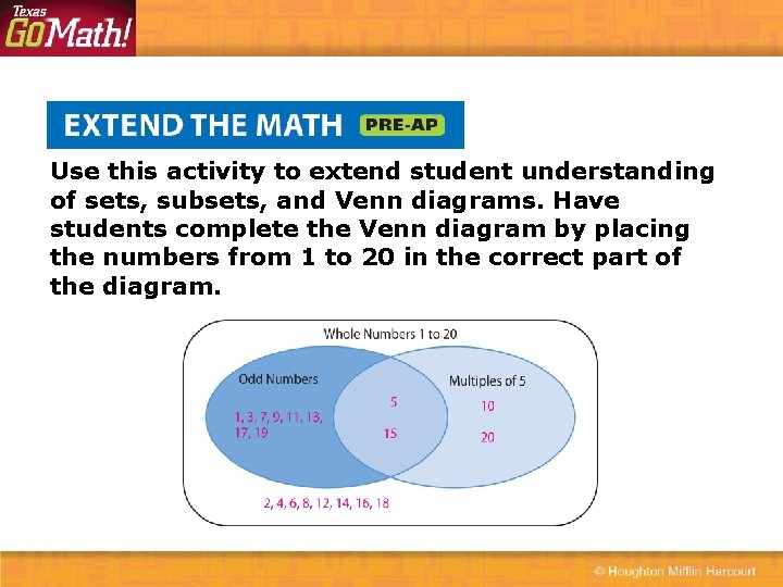 Use this activity to extend student understanding of sets, subsets, and Venn diagrams. Have