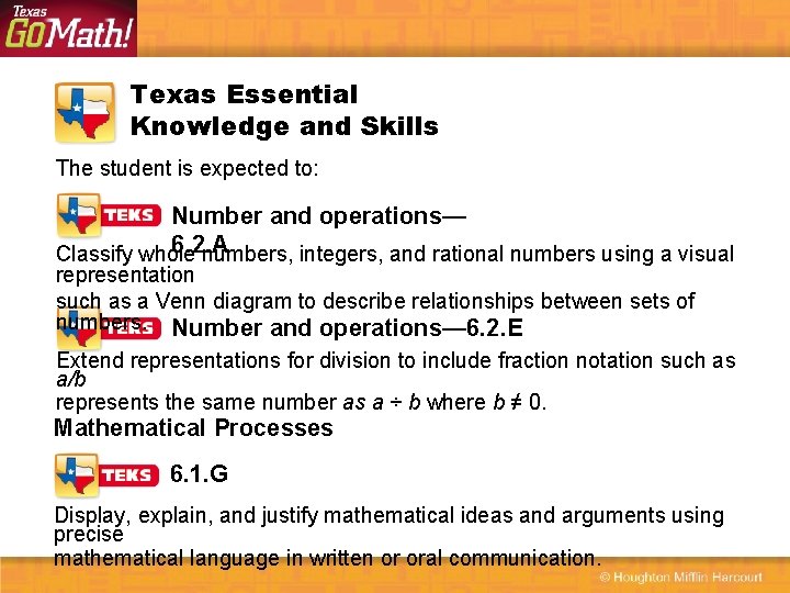 Texas Essential Knowledge and Skills The student is expected to: Number and operations— 6.