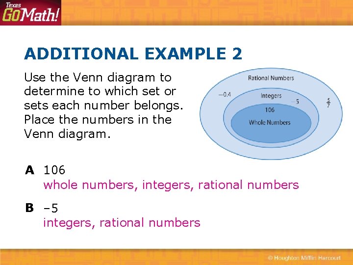 ADDITIONAL EXAMPLE 2 Use the Venn diagram to determine to which set or sets