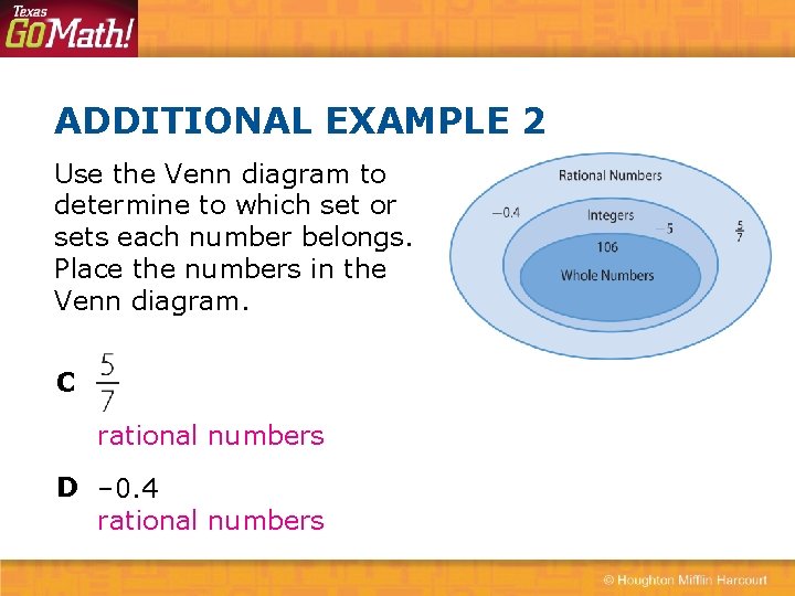ADDITIONAL EXAMPLE 2 Use the Venn diagram to determine to which set or sets
