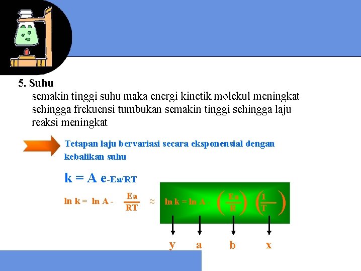 5. Suhu semakin tinggi suhu maka energi kinetik molekul meningkat sehingga frekuensi tumbukan semakin