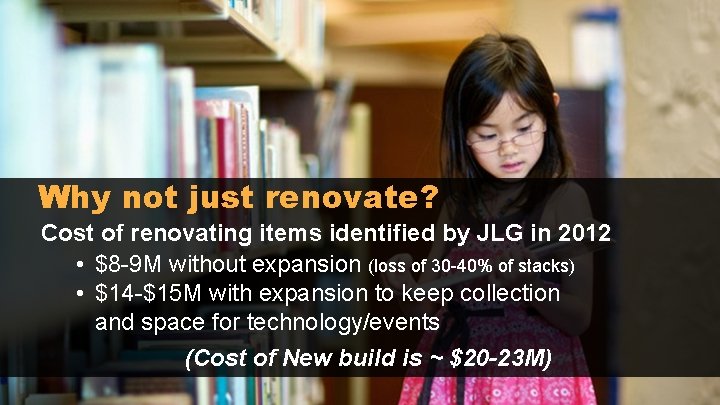 Why not just renovate? Cost of renovating items identified by JLG in 2012 •