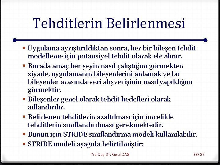 Tehditlerin Belirlenmesi § Uygulama ayrıştırıldıktan sonra, her bileşen tehdit modelleme için potansiyel tehdit olarak