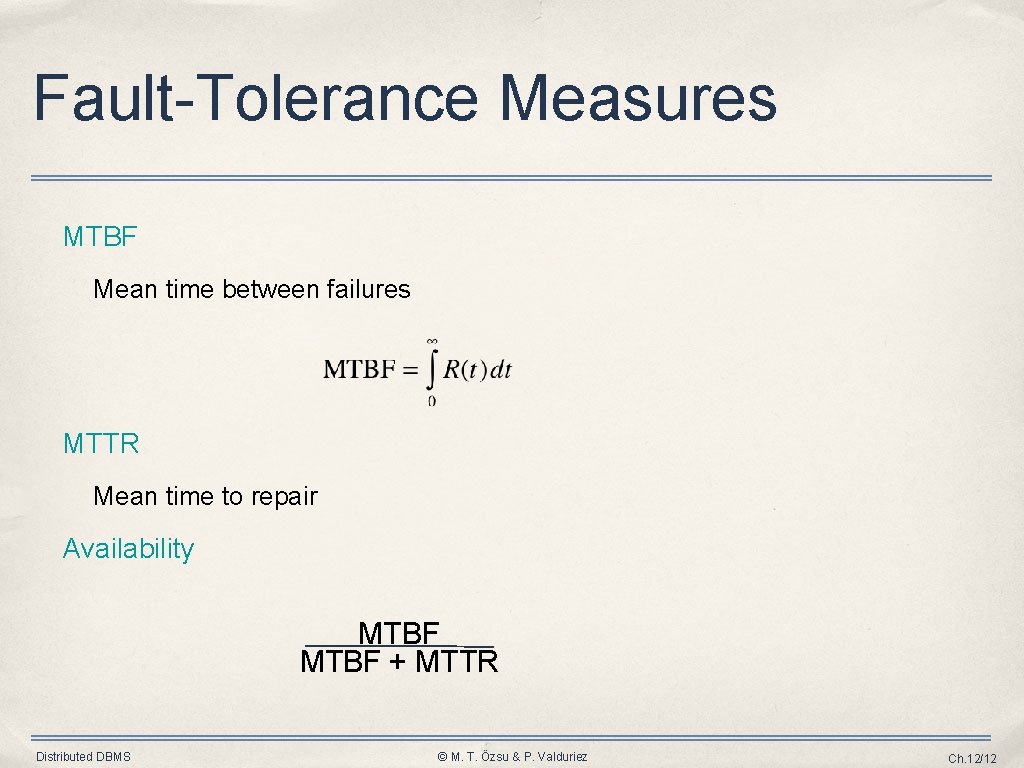 Fault-Tolerance Measures MTBF Mean time between failures MTTR Mean time to repair Availability MTBF