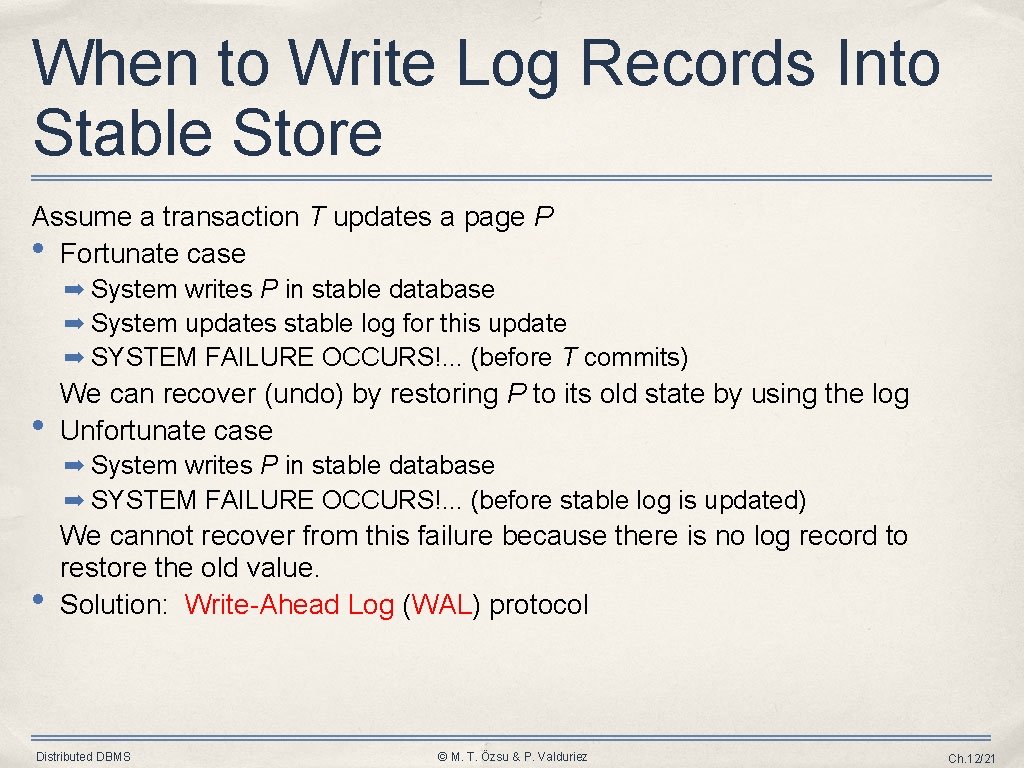 When to Write Log Records Into Stable Store Assume a transaction T updates a