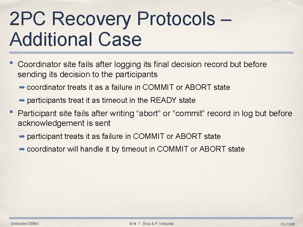 2 PC Recovery Protocols – Additional Case • Coordinator site fails after logging its