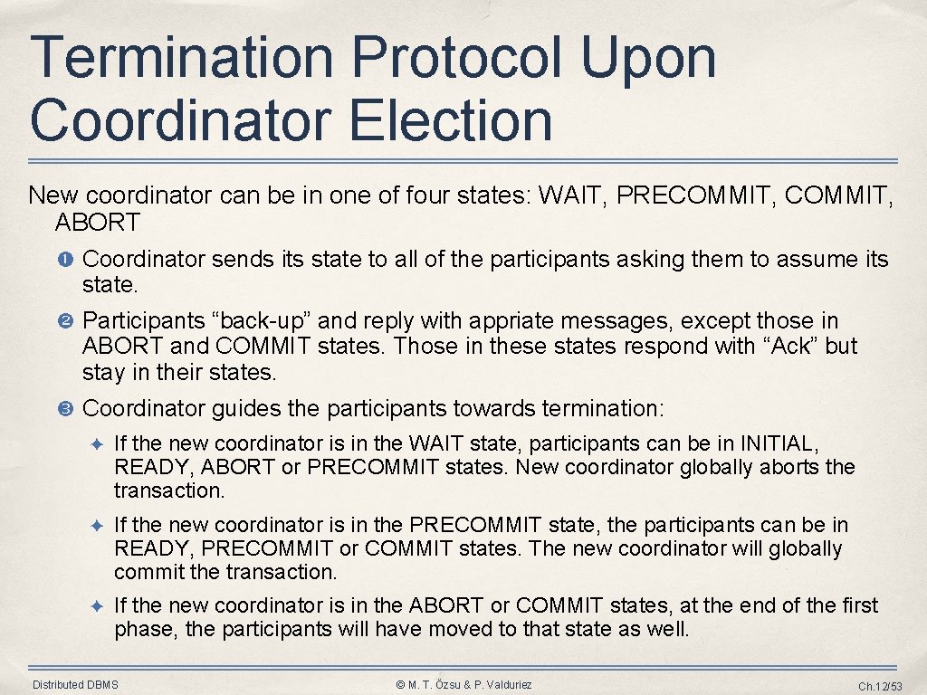 Termination Protocol Upon Coordinator Election New coordinator can be in one of four states: