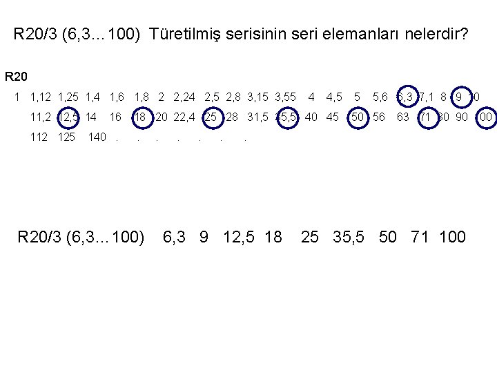 R 20/3 (6, 3… 100) Türetilmiş serisinin seri elemanları nelerdir? R 20 1 1,