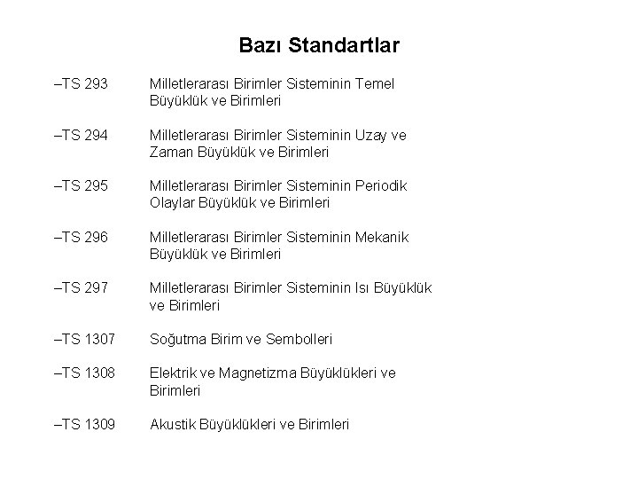 Bazı Standartlar –TS 293 Milletlerarası Birimler Sisteminin Temel Büyüklük ve Birimleri –TS 294 Milletlerarası