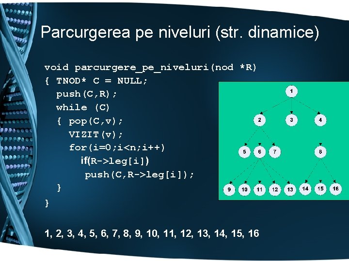 Parcurgerea pe niveluri (str. dinamice) void parcurgere_pe_niveluri(nod *R) { TNOD* C = NULL; push(C,
