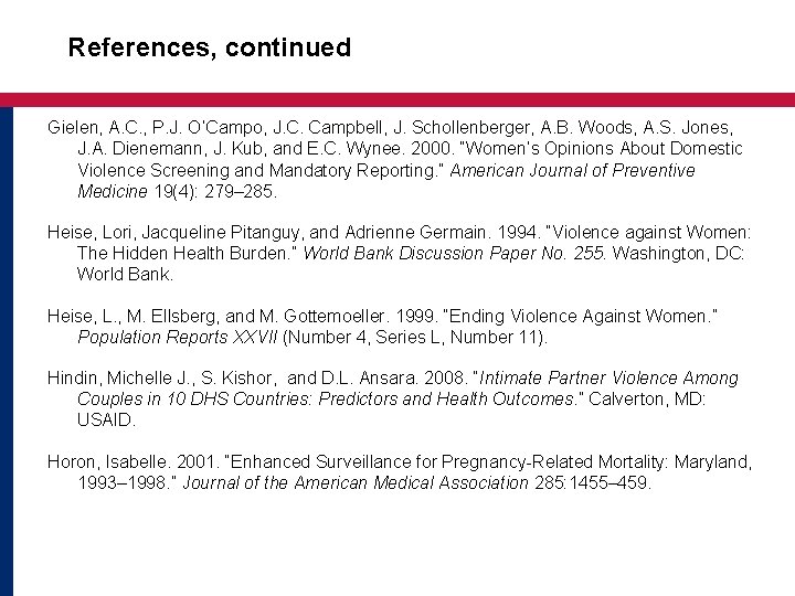 References, continued Gielen, A. C. , P. J. O’Campo, J. C. Campbell, J. Schollenberger,