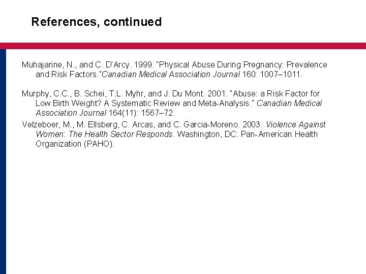 References, continued Muhajarine, N. , and C. D’Arcy. 1999. “Physical Abuse During Pregnancy: Prevalence