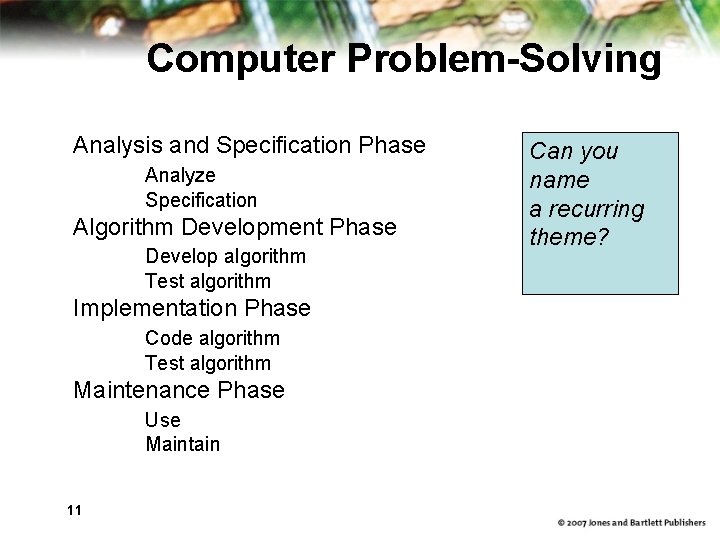Computer Problem-Solving Analysis and Specification Phase Analyze Specification Algorithm Development Phase Develop algorithm Test