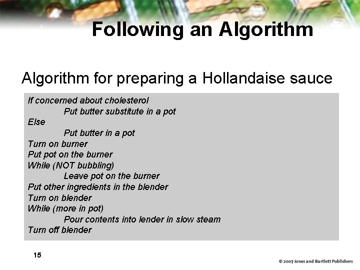 Following an Algorithm for preparing a Hollandaise sauce If concerned about cholesterol Put butter