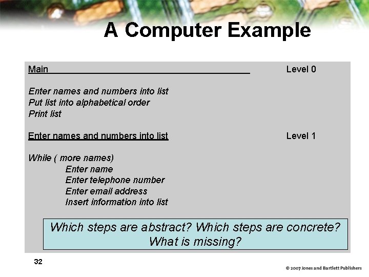 A Computer Example Main Level 0 Enter names and numbers into list Put list