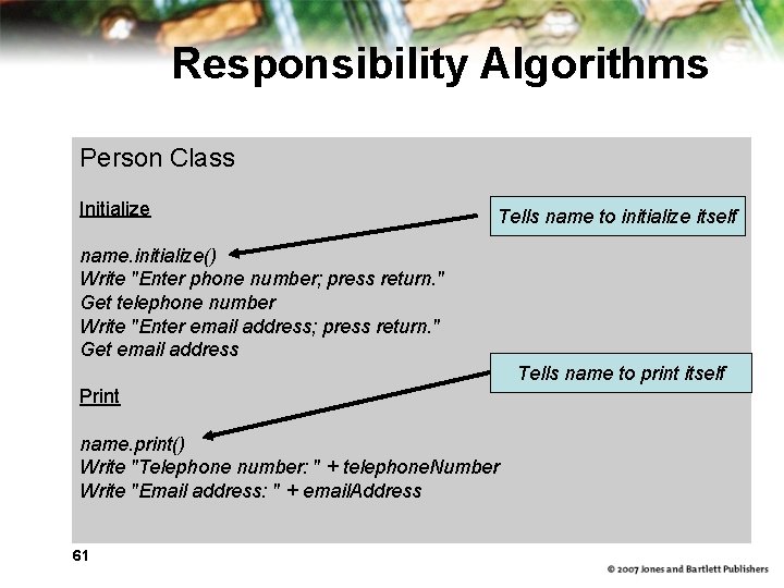 Responsibility Algorithms Person Class Initialize Tells name to initialize itself name. initialize() Write "Enter