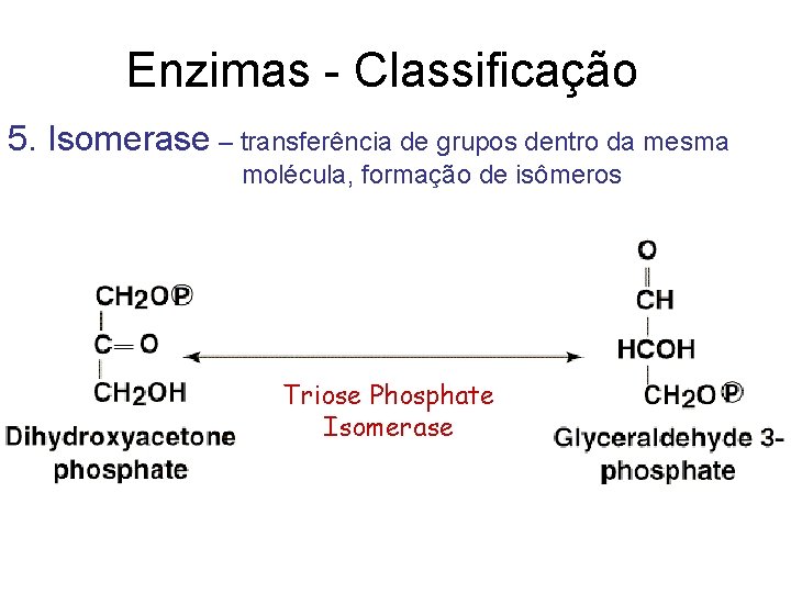 Enzimas - Classificação 5. Isomerase – transferência de grupos dentro da mesma molécula, formação