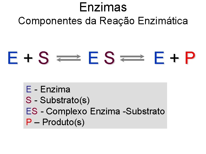 Enzimas Componentes da Reação Enzimática E+S ES E+P E - Enzima S - Substrato(s)