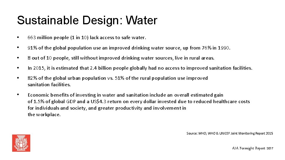 Sustainable Design: Water • 663 million people (1 in 10) lack access to safe